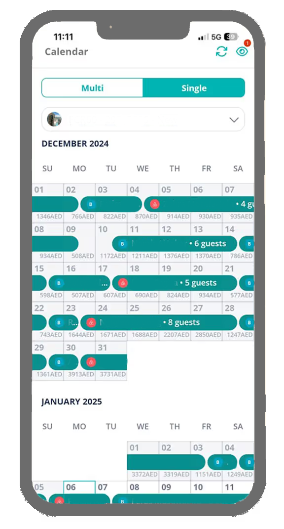 WYZ Rent Owner App mobile interface showing real-time property performance, bookings calendar, and revenue dashboard for Dubai property owners