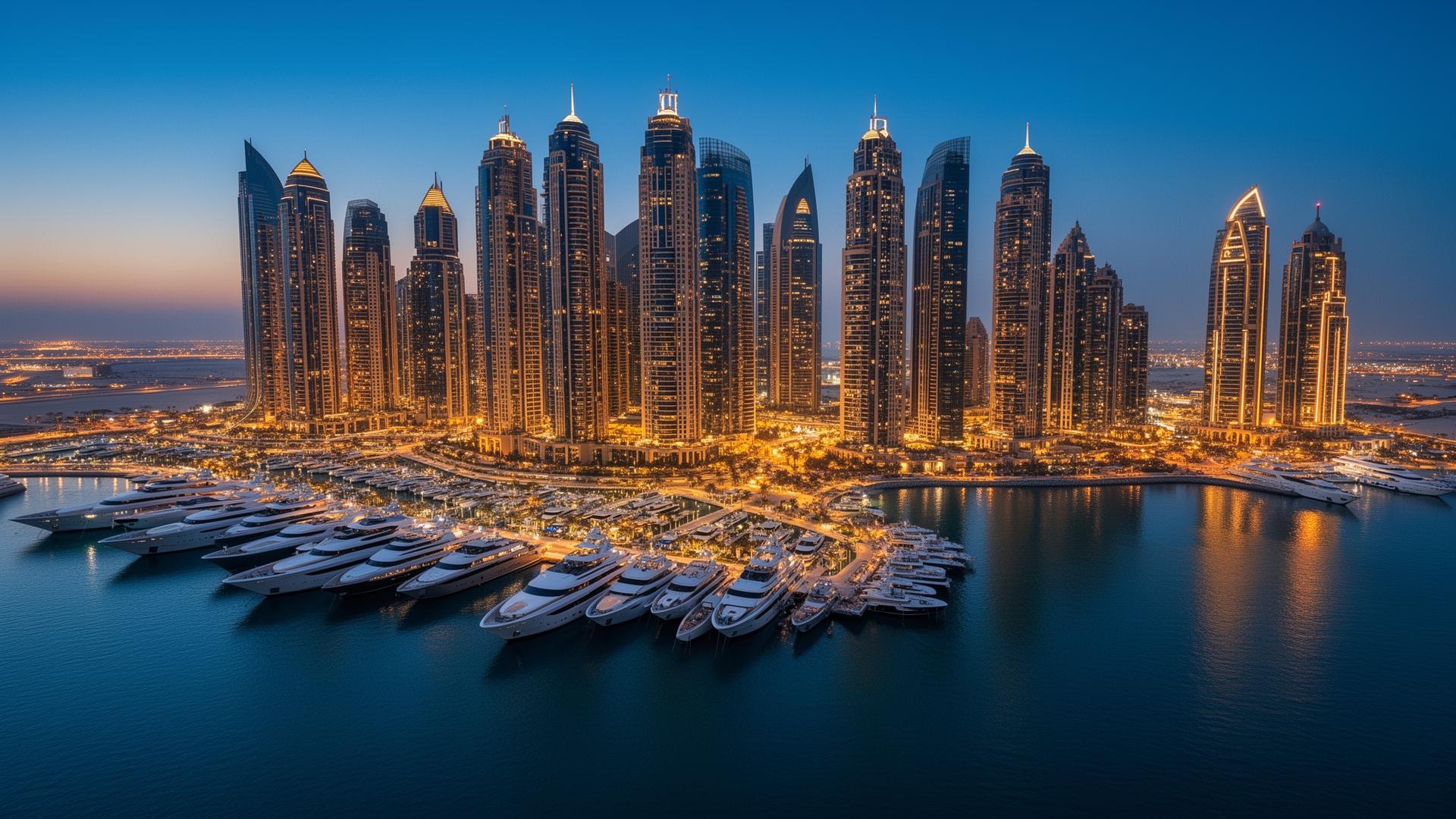 Find your stay in Dubai with WYZ Rent Dubai skyline at dusk with Burj Khalifa — search and book WYZ Rent holiday homes and short-term rentals in Downtown Dubai, Marina, Palm Jumeirah and Business Bay