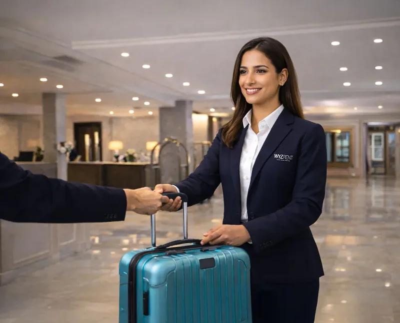 WYZ Rent hospitality professional welcoming guest with premium concierge service in luxury Dubai hotel lobby - boutique property management